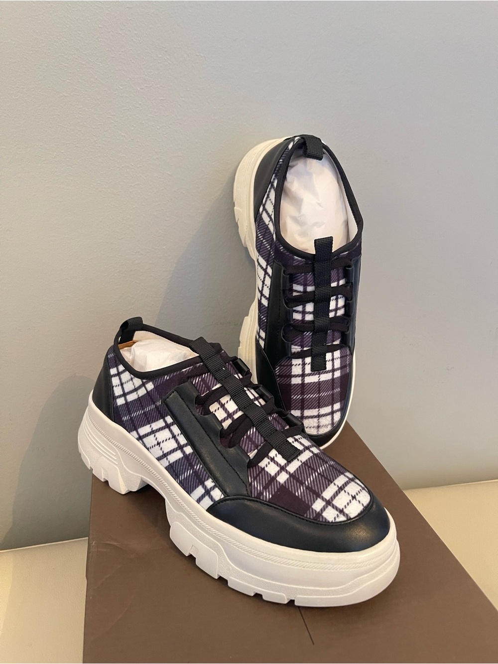 New Paolo Rowen Plaid Chunky Platform Shoes Sneakers Black & White Size 6.5